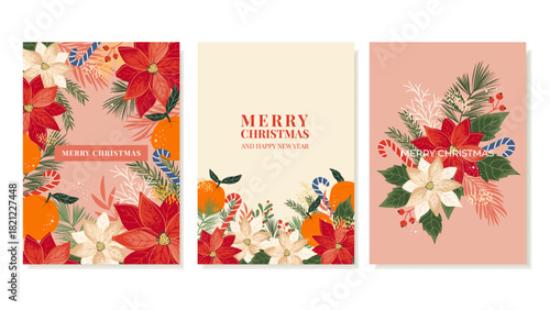 Set of Christmas cards with colorful illustrations of poinsettia flowers, tangerines, coniferous branches, sweet candies with a place for text. Vector templates for posters, banners, greetings