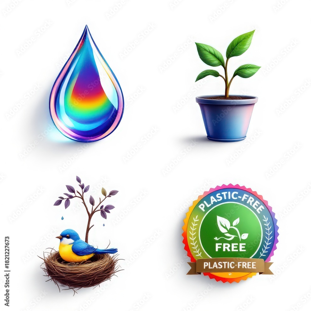Naklejka premium Eco-Friendly Icons Set with Water Drop, Plant, Bird , Plastic-Free Badge 