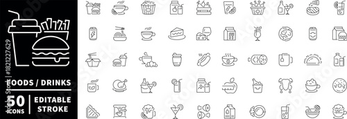 Food and drink icons set. editable line icons, outline, cuisine, beverage symbols