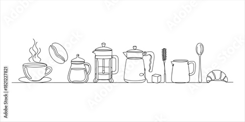 Coffee line art set with cup, French press, spoon, croissant, kettle, milk jug, and bean.