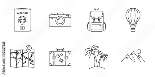 Travel line art set with passport, map, suitcase, camera, backpack, balloon, and mountains.