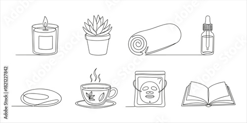 Self care line art set with candle, tea cup, towel, serum, soap, book, plant, and face mask.