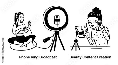 Cartoon Phone Ring Broadcast and Beauty Content Creation Scenes Concept Set with Elements Thin Line. Vector illustration
