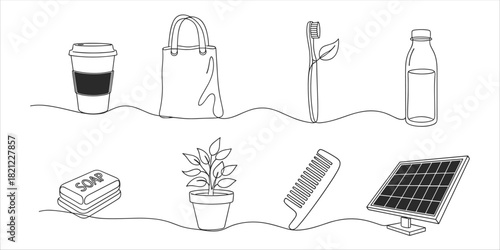 Eco-friendly lifestyle line art with cup, tote bag, soap, toothbrush, plant, and solar panel.