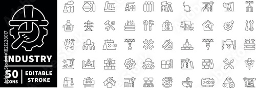 Industry icons set. editable line icons, linear, outline, machinery and tools