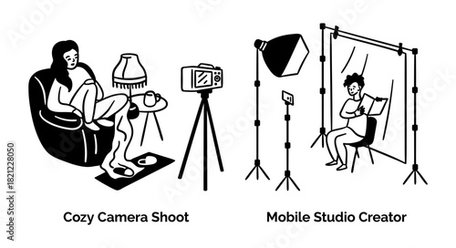 Cartoon Cozy Camera Shoot and Mobile Studio Content Creation Scenes Concept Set Flat Design Style with Elements Thin Line. Vector illustration