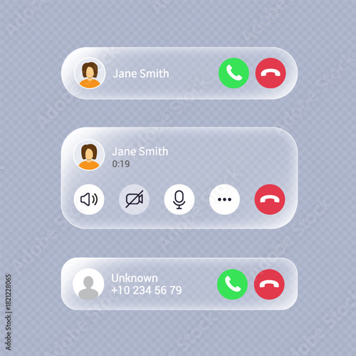 Incoming call notification mockup on transparent background. Liquid glass call screen interface, push notification button. Audio call screen mockup with sound button, message and mic icons, vector.