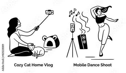 Cartoon Cozy Cat Home Vlog and Mobile Dance Shoot Content Creation Scenes Concept Set Flat Design Style with Elements Thin Line. Vector illustration