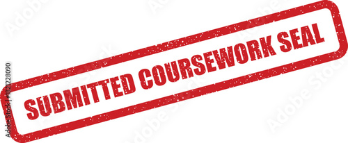 Textured red rectangular rubber seal graphic confirming coursework submission status and official validation
