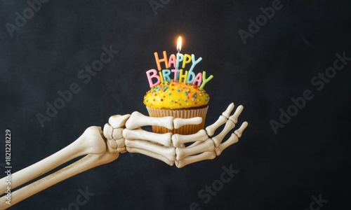 A skeleton hand offers a cupcake with a lit 