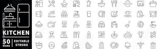Kitchen icons set. editable line icons, outline, cooking and culinary symbols