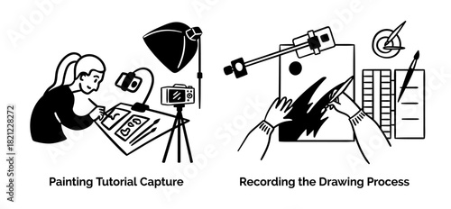 Cartoon Painting Tutorial Capture and Recoding Drawing Process Content Creation Scenes Concept Set Flat Design Style with Elements Thin Line. Vector illustration