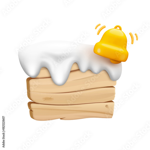 Vector cartoon 3d wooden rectangle plaque with snow cap and calling bell. Realistic 3d wood texture empty signboard with snowdrifts border top for game message notification sign, banner, menu, app.