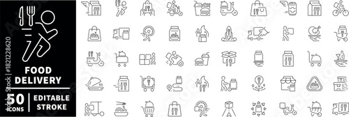 Food delivery icons set. editable line icons, outline, courier and restaurant symbols