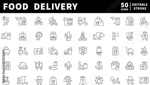 Food delivery icons set. editable line icons, outline, courier and logistics symbols