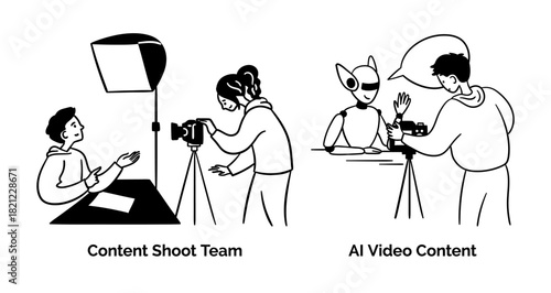 Cartoon Content Shoot Team and Ai Video Creation Scenes Concept Set Flat Design Style with Elements Thin Line. Vector illustration
