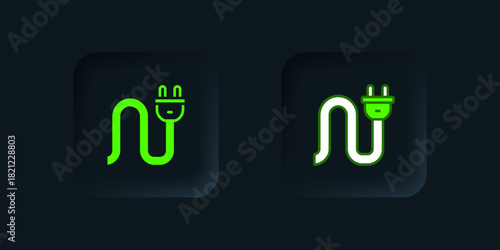 Green Electric plug icon isolated on black background. Concept of connection and disconnection of the electricity. Black square button. Vector