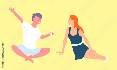 Cartoon Color Characters Couple Spends Time Together Rest Concept Flat Design Style. Vector illustration