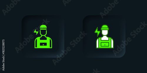 Green Electrician technician engineer icon isolated on black background. Black square button. Vector