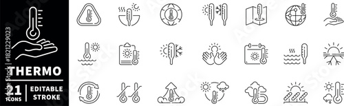 Thermo icons set. editable line icons, climate, temperature, and weather symbols