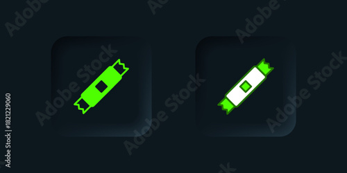 Green Sugar stick packets icon isolated on black background. Blank individual package for bulk food products as coffee, salt, spices. Black square button. Vector