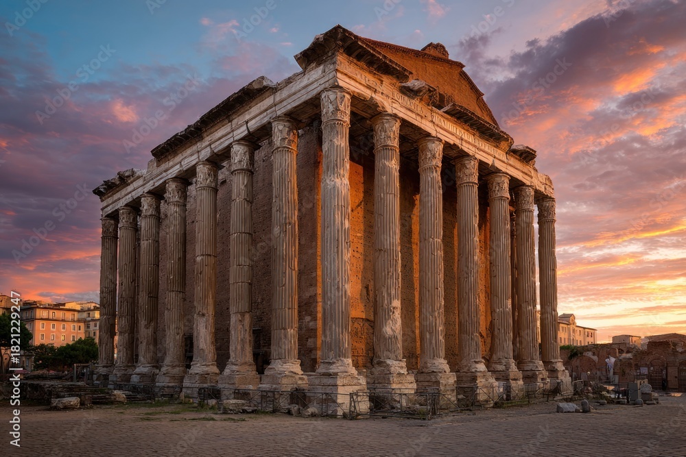 Fototapeta premium Ancient Temple of Antoninus and Faustina in Roman Forum at Sunset.