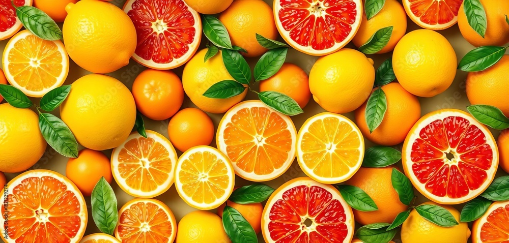 Vibrant seamless pattern of juicy citrus fruits, including oranges, lemons, and grapefruits, image, repeat
