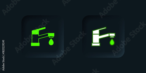 Green Water tap icon isolated on black background. Black square button. Vector