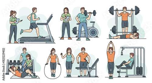 Fitness and wellness routine people exercising in gym and performing various workout exercises like cardio weightlifting and strength training