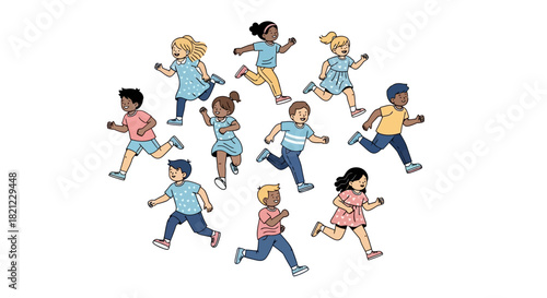 Diverse Group of Children Running Together, Representing Unity and Childhood