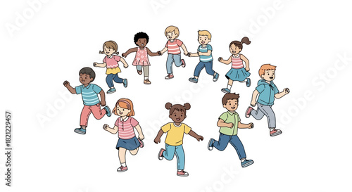 Diverse Group of Children Holding Hands and Running in a Circle, Promoting Unity and Friendship