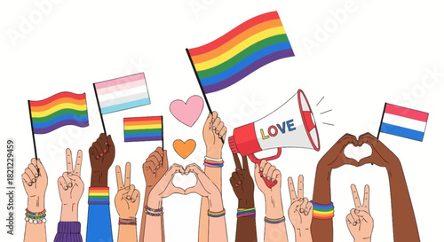 A diverse community celebrating LGBTQIA+ pride with rainbow flags, peace signs, and symbols of love and unity