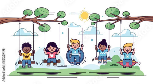 Cheerful illustration of diverse children happily swinging on tree swings in a sunny park, celebrating multicultural friendship and the joyous spirit of outdoor childhood play