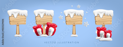 Vector cartoon 3d winter wooden sign post set. Realistic 3d wood plaque with snow cap and snowflakes and Christmas gifts collection on blue background for game, ad message sign, app, New Year banner.