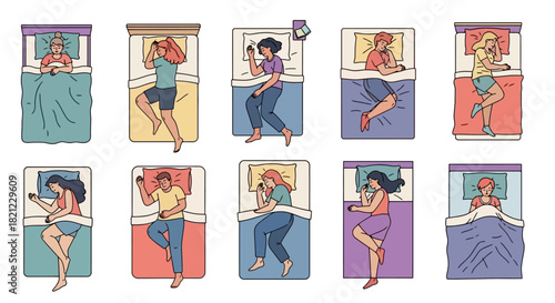 A collection of diverse people using smartphones in bed, illustrating concepts of digital addiction, insomnia, and poor sleep habits
