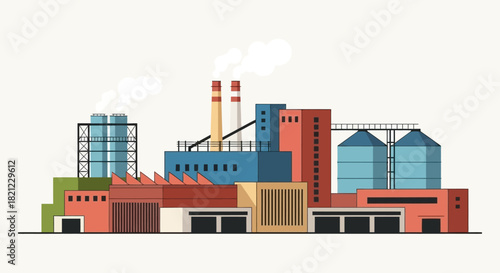 Illustrative depiction of an industrial complex featuring factories, smokestacks, and storage silos
