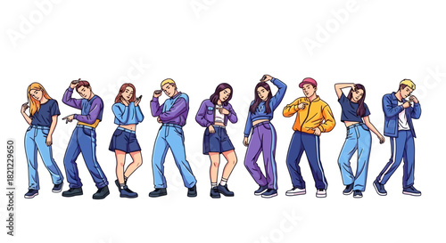 Energetic illustration of a diverse youth dance crew striking dynamic poses in trendy street fashion, embodying the vibrant spirit of urban culture and performance