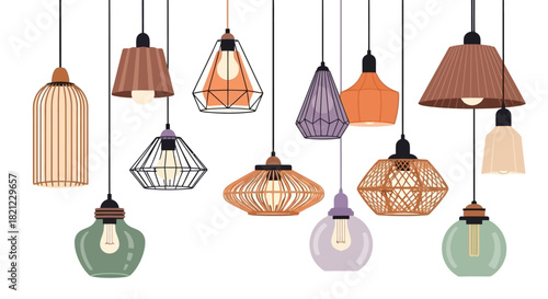 Collection of diverse pendant light fixtures with unique shapes and designs, perfect for interior decoration and lighting