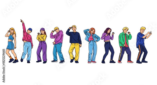 Dynamic illustration of diverse young individuals in vibrant street fashion, striking energetic dance poses embodying modern youth culture, urban lifestyle, and a free spirit