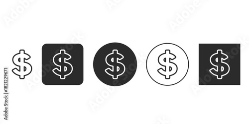 Dollar sign currency vector icon set for financial apps | USD money symbol glyphs in multiple black and white styles | Isolated cash payment icon collection for UI/UX design 