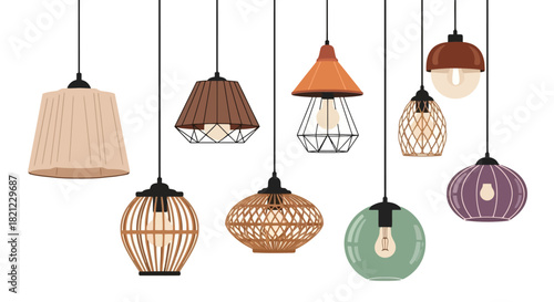Collection of diverse modern and retro pendant lamps for stylish interior design and home decoration