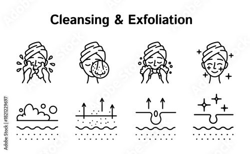 Skin Care Cleansing and Exfoliation Sign Black Thin Line Icon Set. Vector illustration of Skincare Icons