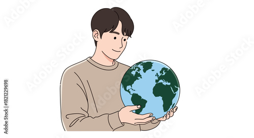 Young man gently holding a vibrant globe, illustrating global environmental protection, a sustainable future, and humanity's vital responsibility for the planet