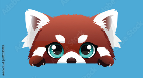 A cute cartoon red panda peeking over a blue surface with big eyes and fluffy fur.