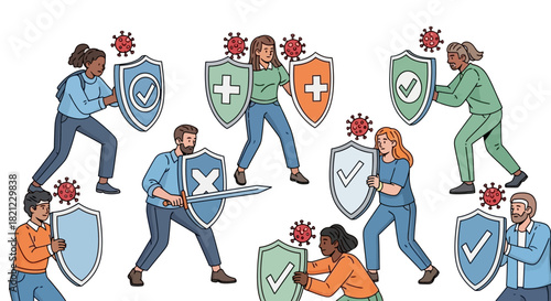 People defending themselves with shields and swords against viruses, symbolizing immunity and protection