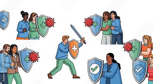Concept of community immunity and protection against viruses with shields and swords, illustrating the power of collective defense