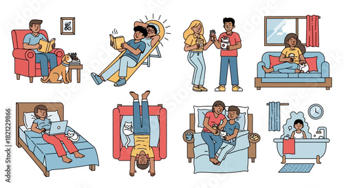 Illustrative set of individuals enjoying different leisure and tech-related activities within the comfort of their homes, showcasing modern daily routines