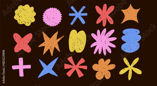 Abstract clouds and flowers stars shapes sticker set. Crayon blob shapes in abstract brush doodle with crayon drawn