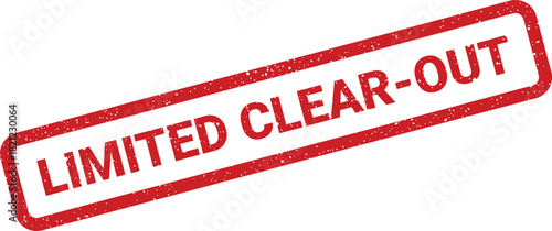 Textured rubber stamp depicting LIMITED CLEAR OUT phrase in uppercase characters within a rectangular outline, signifying a quick inventory reduction