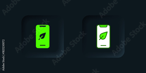 Green Smartphone, mobile phone with leaf icon isolated on black background. Black square button. Vector